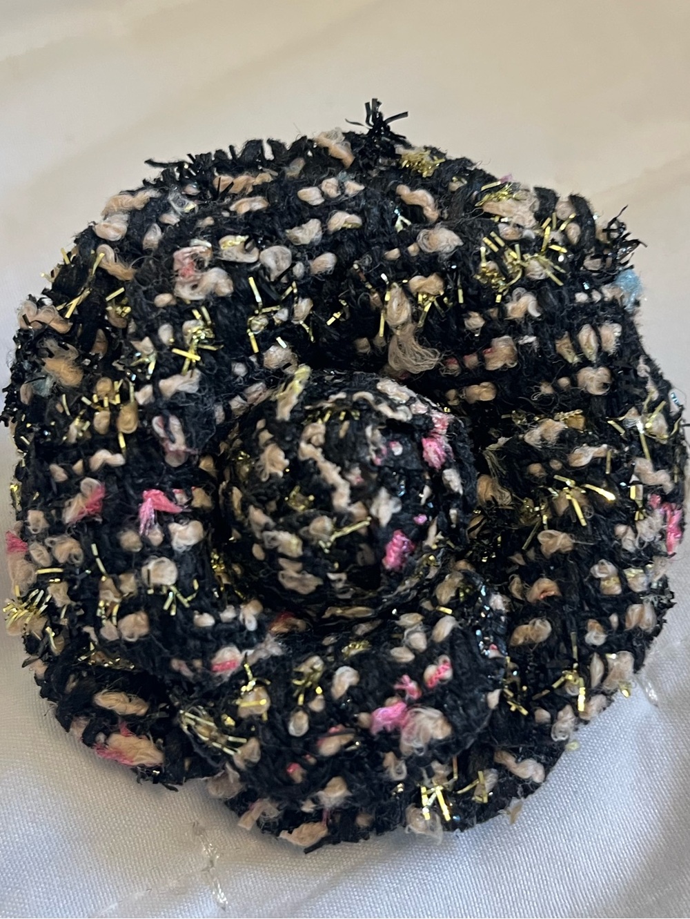 Black Tweed Flower Brooch with Pink and Gold Accents
